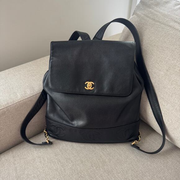 Chanel Caviar Leather CC Backpack Black Gold Chainlink Shoulder Strap VTG Bag - Picture 1 of 16